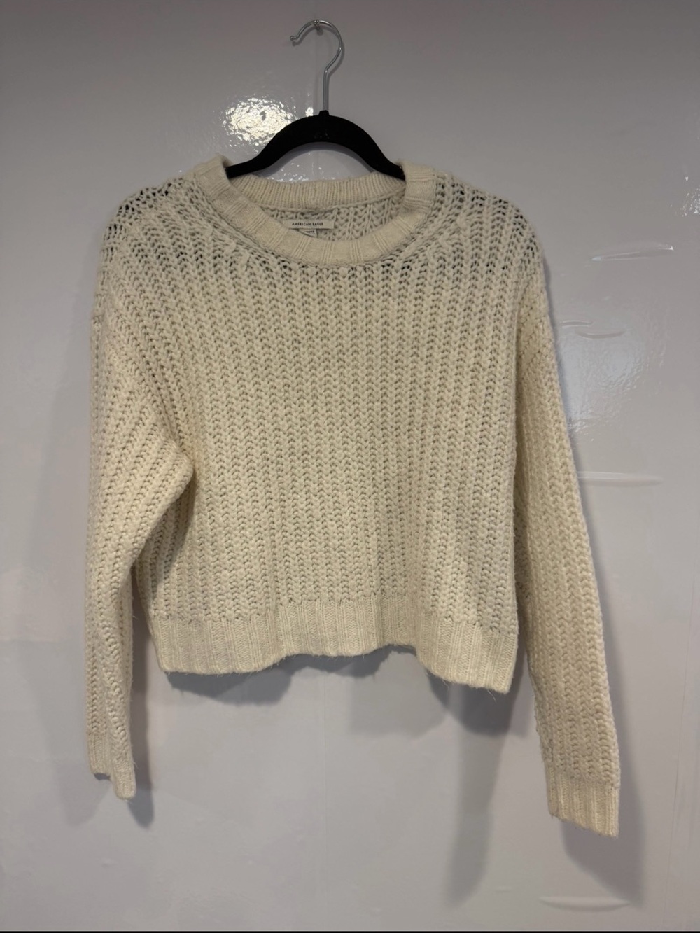 American Eagle Cozy Ivory Knit Crewneck Sweater - Women